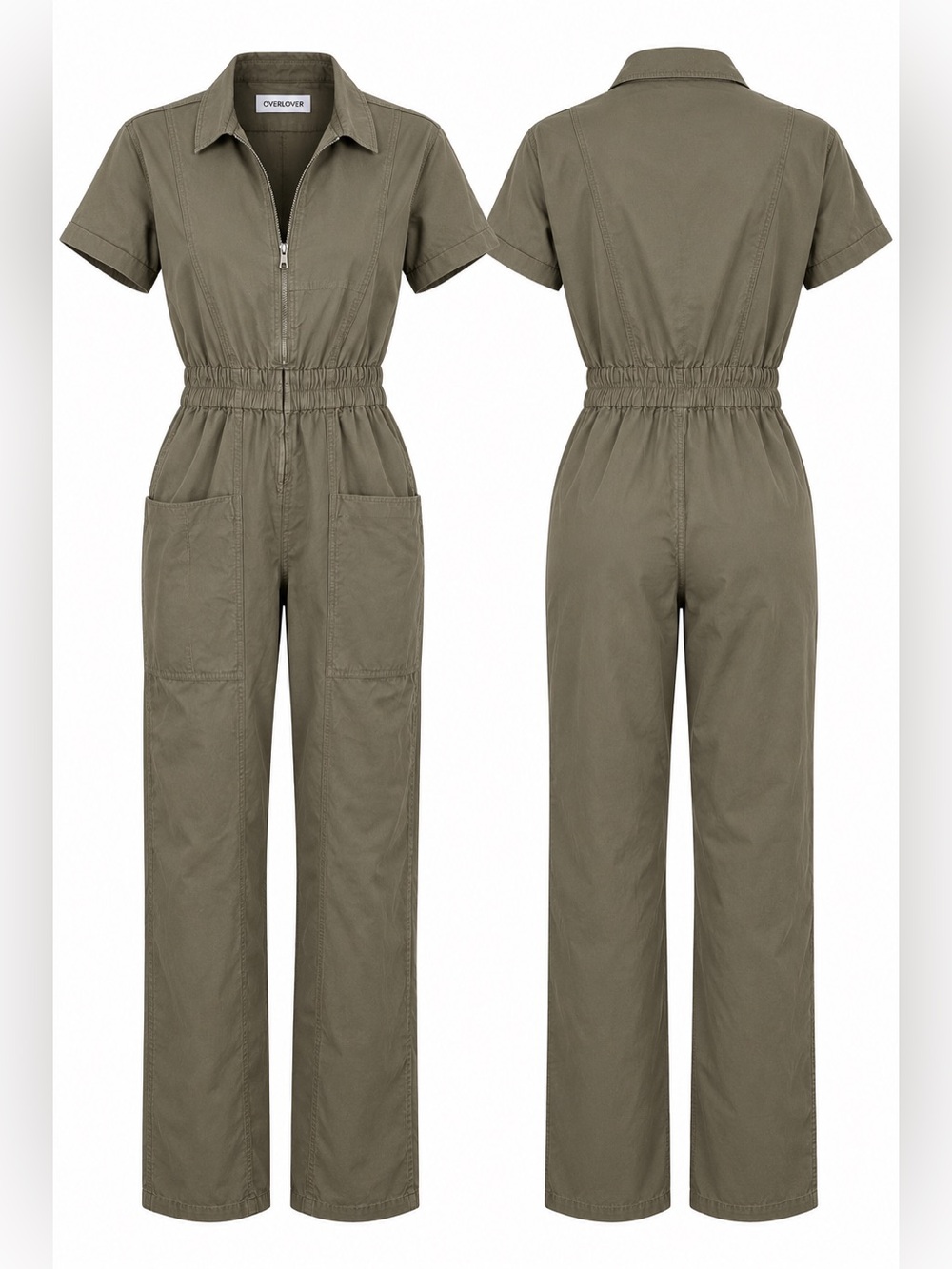 OVERLOVER Olive Green Utility Jumpsuit Size L Cotton Short Sleeve